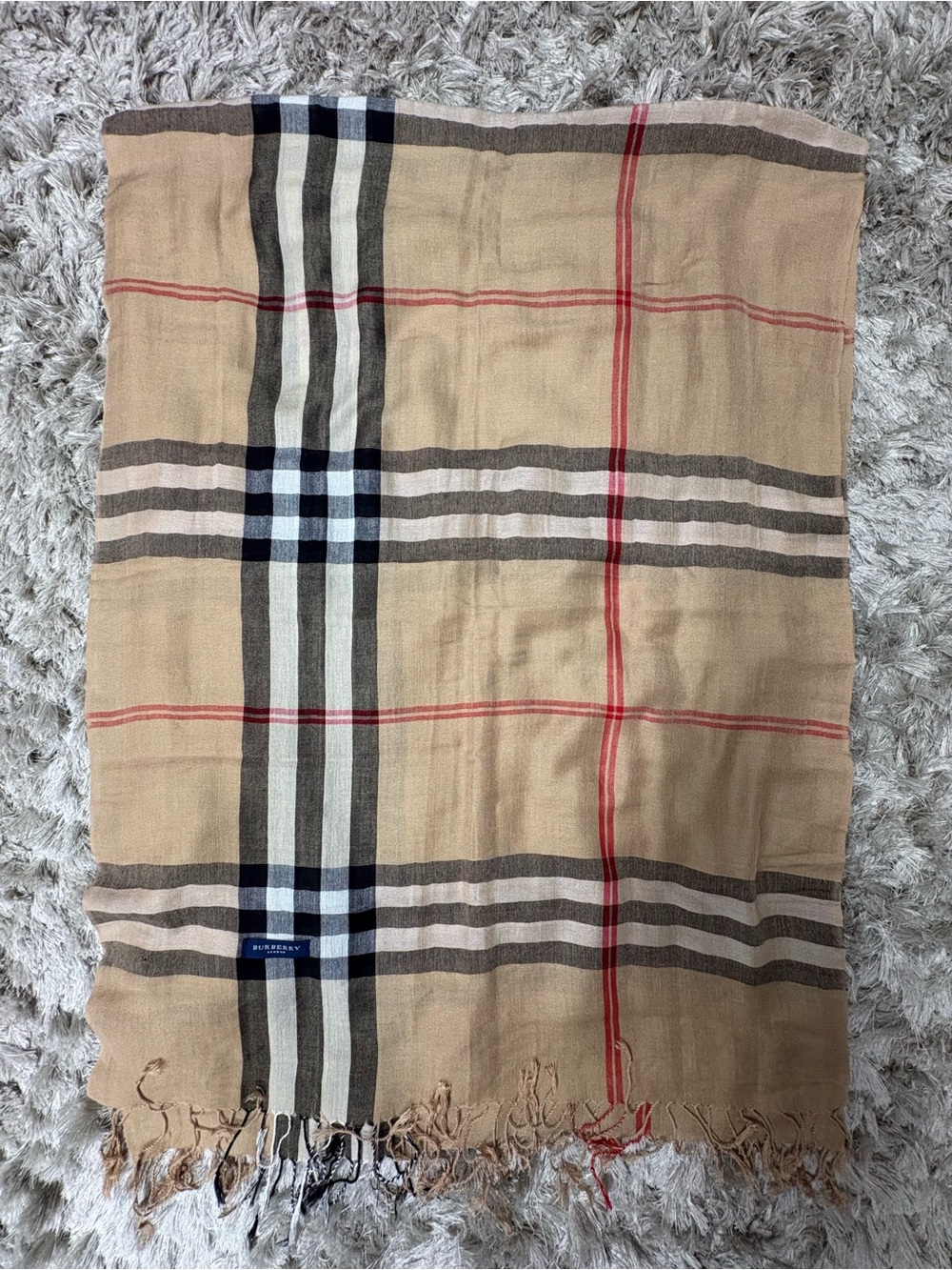 Burberry London Classic Plaid Fringe Scarf in Beige with Black & Red Stripes